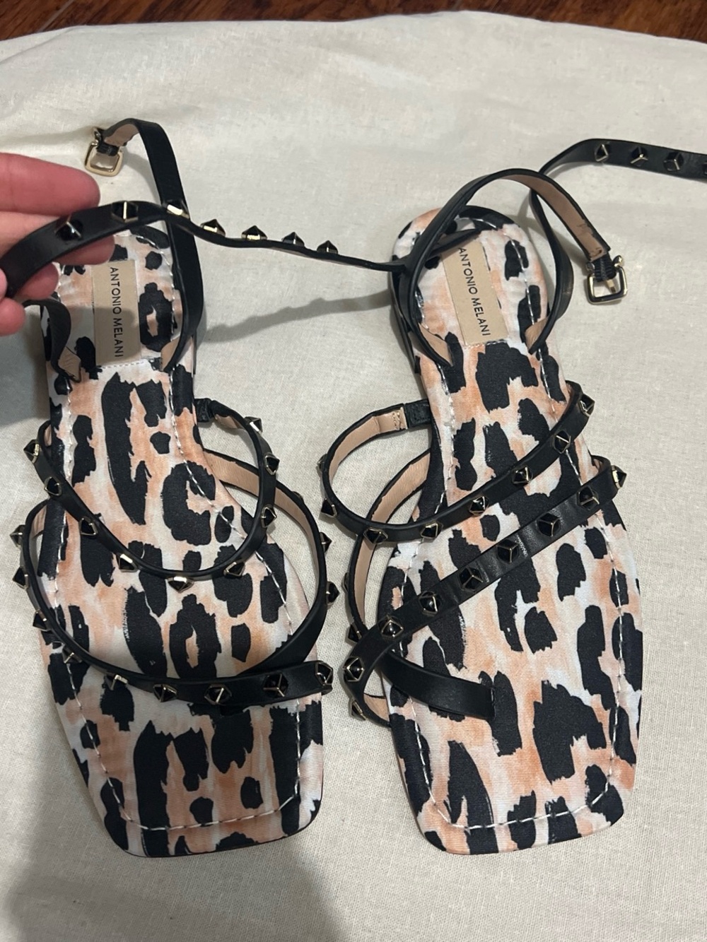ANTONIO MELANI Black Strappy Studded Sandals with Leopard-Print Footbed